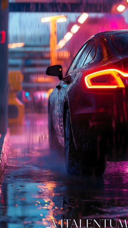 Sleek car in neon city rain with glowing rear lights.