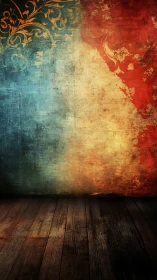 Textured tricolor studio wall with ornate vintage flourishes.