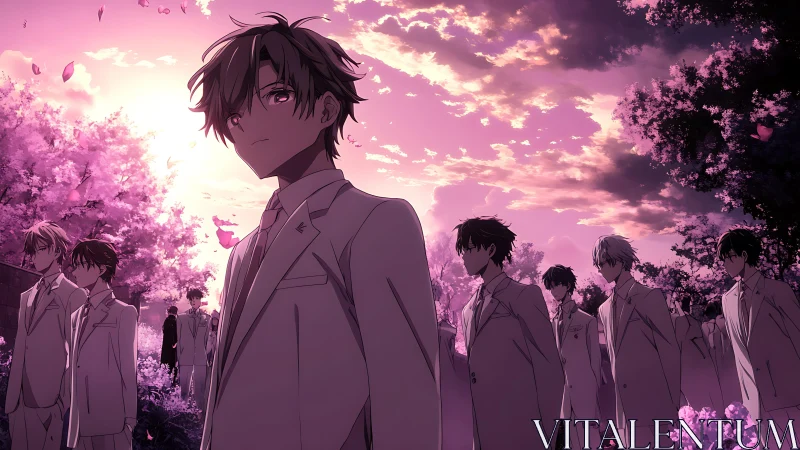 Sakura dusk cloaks solemn students in pale uniforms.