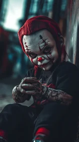 Tattooed clown doll in cinematic low key alley portrait.