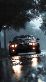 Midnight rain drive with warm headlights and quiet streets.