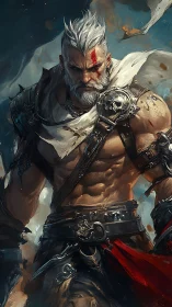 Armored warrior with white hair stands in stormy environment