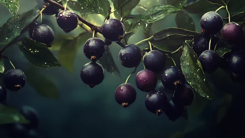 Dark ripe berries on wet leafy branch in soft light.