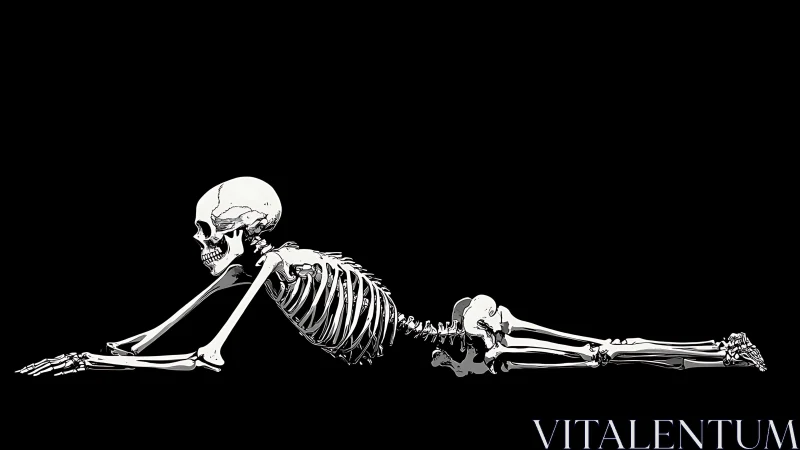 Lateral skeletal figure in prone stretch pose on black ground