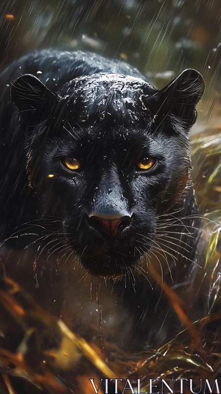 Black Panther Face in Rain with Glowing Golden Eyes