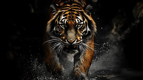 Tiger walks through shallow water in dramatic low key lighting
