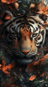 Gentle tiger resting in autumn leaves and quiet forest glow.