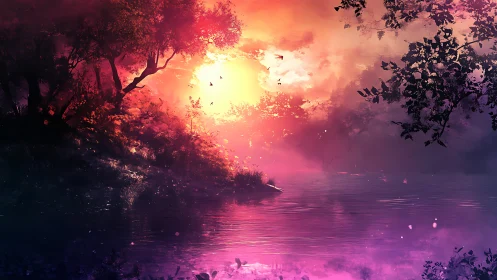 Vivid sunset over tranquil forest lake with glowing sky.