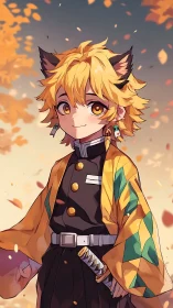 Fox-eared swordsman stands under drifting autumn leaves.