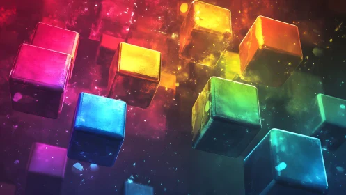 Neon space cubes drift like glowing pixels in slow orbit