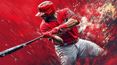 Baseball slugger swings through explosive red energy field.