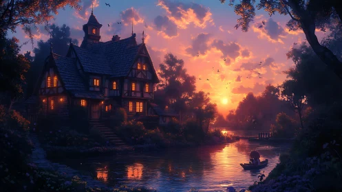 Riverside cottage glows under dramatic sunset sky.