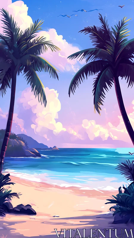 Tropical Paradise Beach at Sunset with Palm Trees