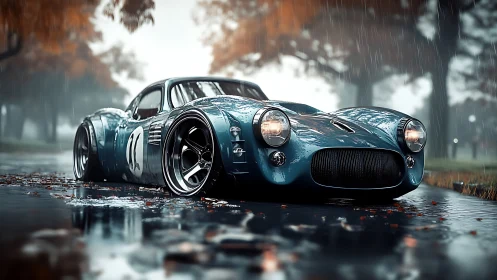 Low-slung vintage race car rests on wet autumn roadway