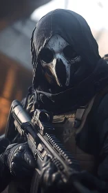 Tactical operator in skull mask with carbine rifle, close-up.