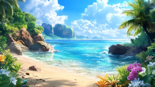 Tropical Paradise Beach Cove with Limestone Formations and Vibrant Flora