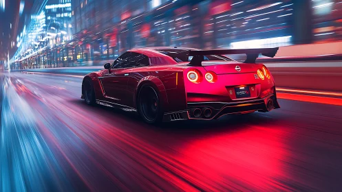 Red Nissan GT-R racing through neon lit urban tunnel at speed