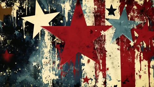 Grunge stars collide over distressed American stripes background.