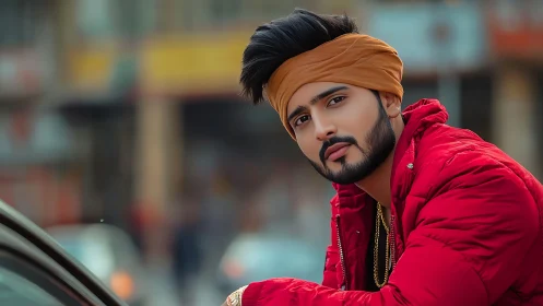 Cityside gaze of a turbaned trendsetter in ember red jacket.