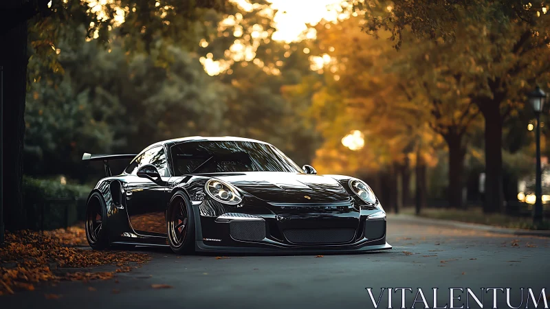 Aerodynamic black track coupe in autumn bokeh-lit avenue.