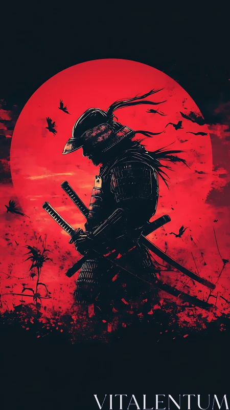 Samurai silhouette before blood-red sun, katana drawn.