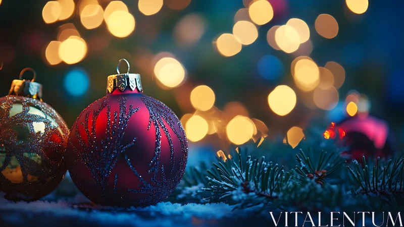 Red Christmas baubles glow beside pine branches in snow