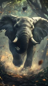 Charging elephant in dense forest with flying debris.