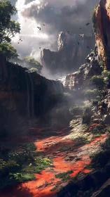 Red canyon valley with waterfalls under stormy sky.