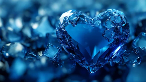 Crystalline Ice Heart With Fragmented Blue Geometric Structure.
