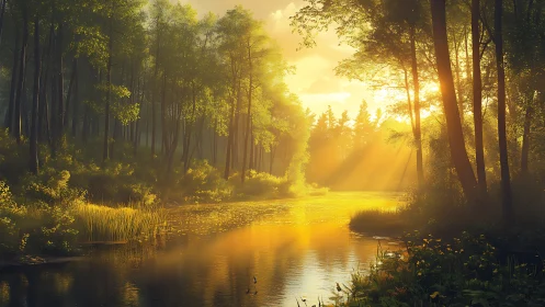Sunlit forest river with warm golden evening glow.