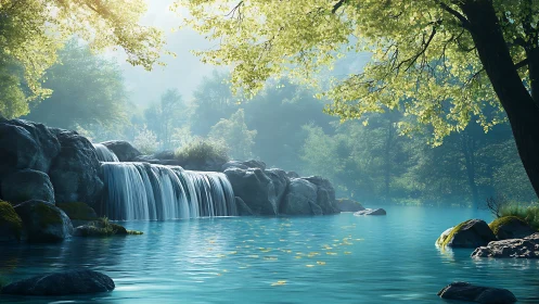 Tranquil forest waterfall flowing into clear blue pool.