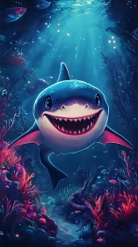 Cartoon shark rendered in luminous coral reef with volumetric light