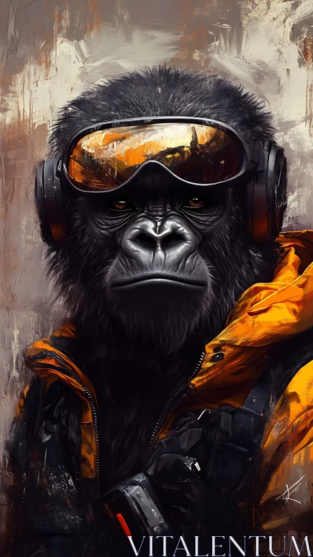 Stoic cyber gorilla stands defiant in rugged urban haze