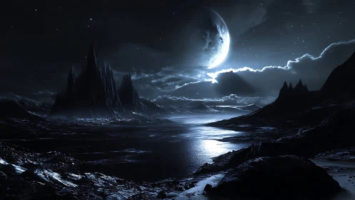 Lunar-lit alien shoreline under towering black spires.