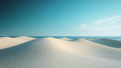 Sand waves stroll quietly toward a glass-blue horizon line