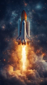 Space shuttle launch with bright exhaust plume at night.