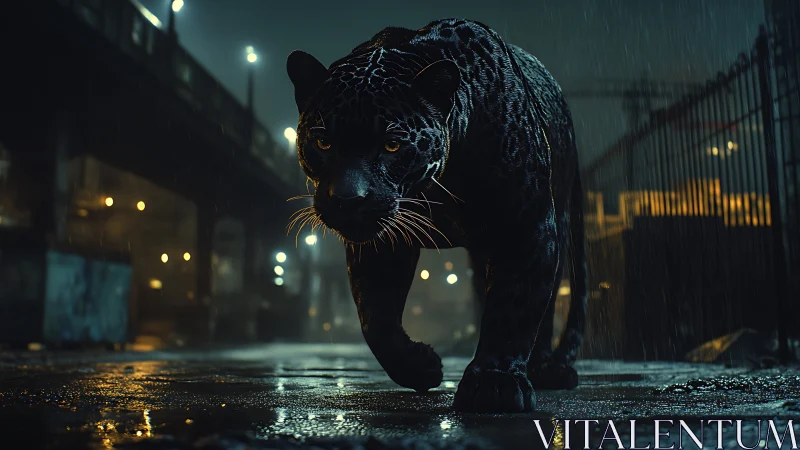 Midnight Wanderer: A Panther's Urban Journey Through Rain.