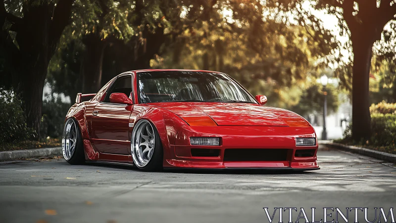 Sunlit red sports car rests low and sleek beneath tall trees