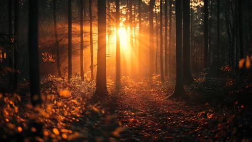 Low sun casting linear rays through dense forest corridor.