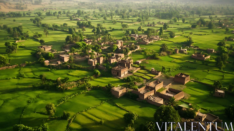 Lush rural village lies within expansive patchwork fields.