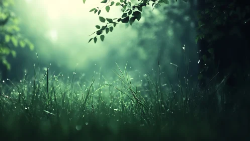 Dewy Morning Grass in Sunlit Forest, Soft Focus Nature Scene.
