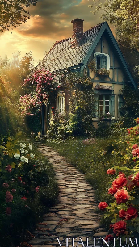 Sunlit cottage stands amid dense rose garden at dusk