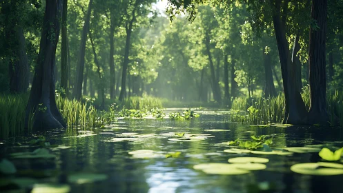 Serene Forest Waterway Where Light Dances Through the Trees