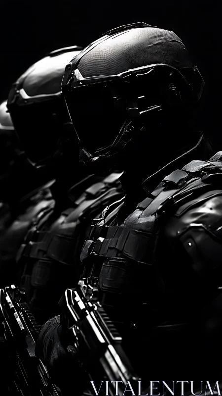 Armored futuristic soldiers stand ready in ominous shadow