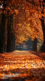 Tree-lined path covered with dense orange autumn leaves.