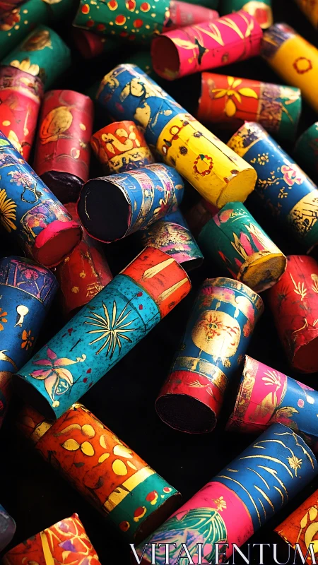 Color-saturated decorative cylinders with golden folk motifs.