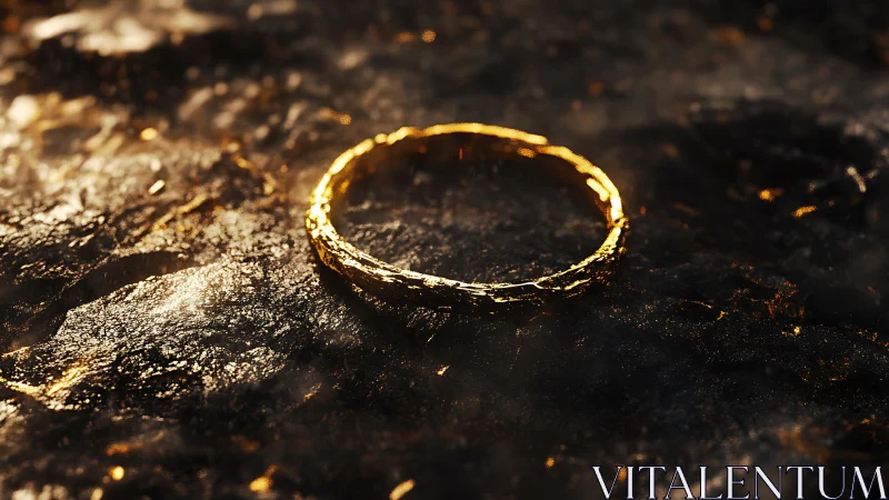 Gold circular ring resting on dark textured rock surface.