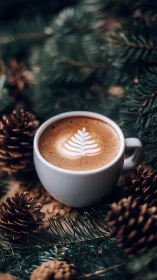 Latte art nestles in pine boughs and winter forest whispers.