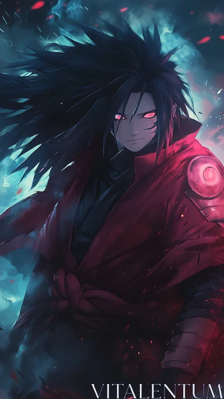 Crimson-eyed warrior storms through electric spectral mist.