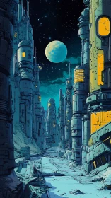 Futuristic lunar street shows tall blue towers under moon